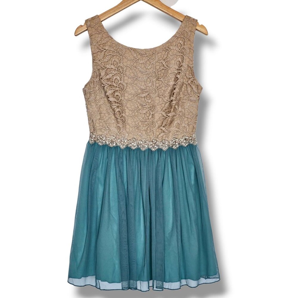 Jodi Kristopher Party Dress Lace Tulle Rhinestones Size 9 Beige Teal Prom Fairy